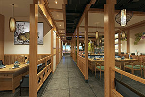 800方中式火鍋店裝修設(shè)計全景效果圖